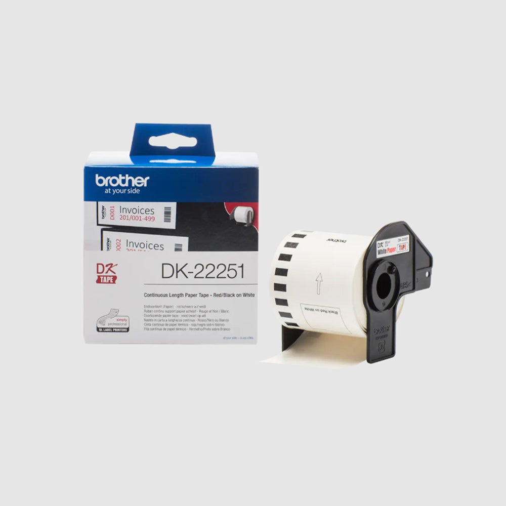Brother DK-22251 Continuous Paper Label Roll – Black and Red on White, 62mm